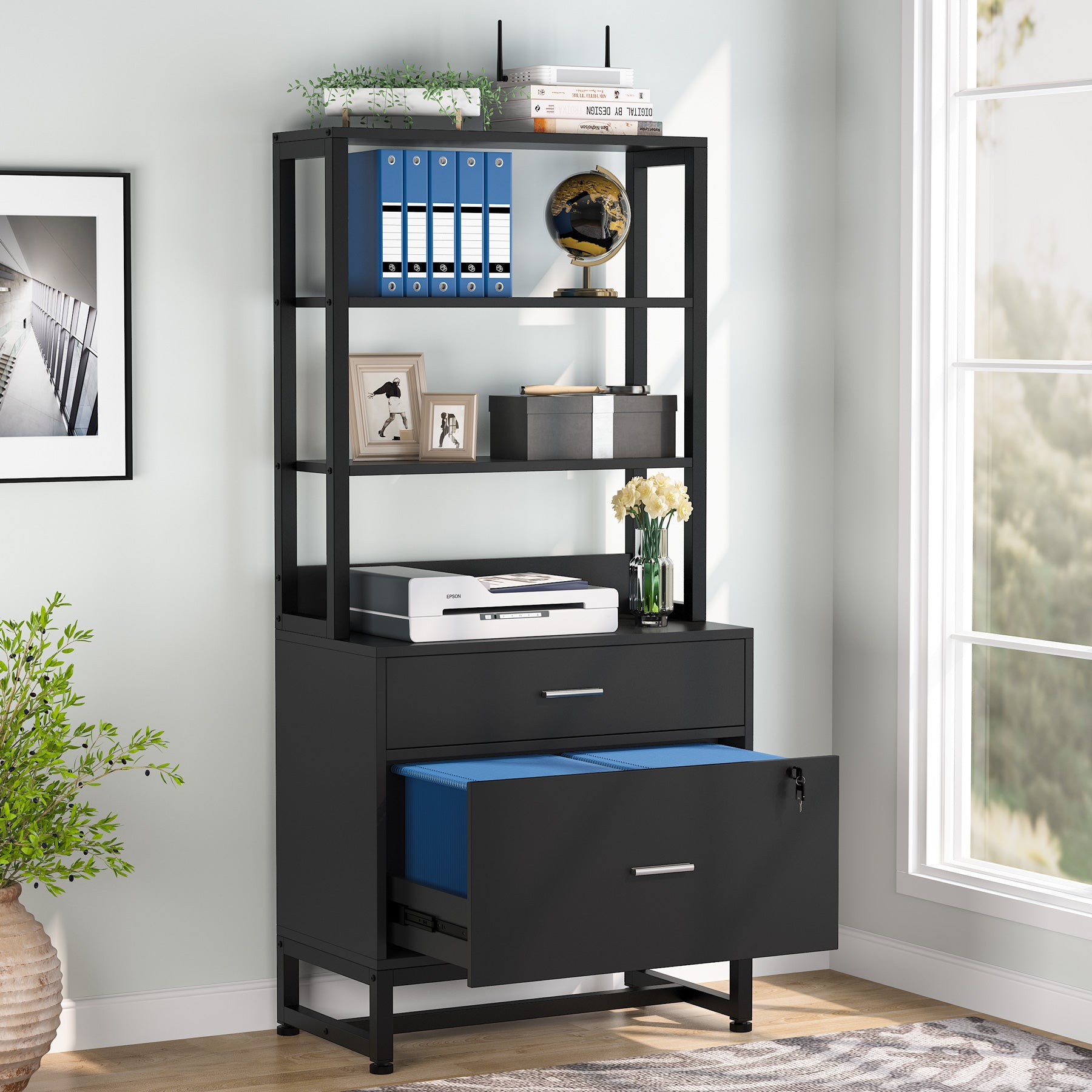 Vertical File Cabinet with 2 Drawers & Bookshelf